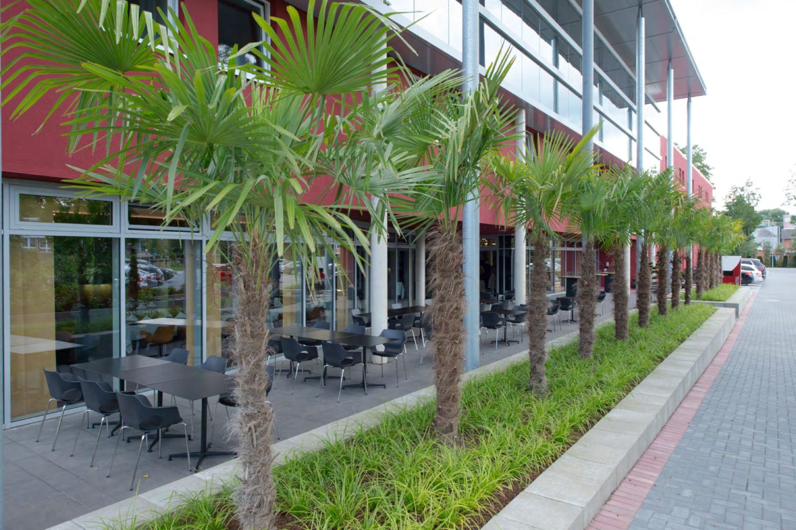 Terrasse und Palmenallee vor dem German Care Hotel Brüggen